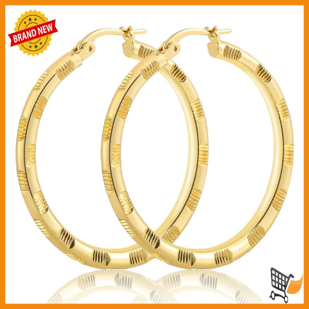 14k Gold Hoop Earrings 35mm Thick Chunky Trendy Line Cutting Design